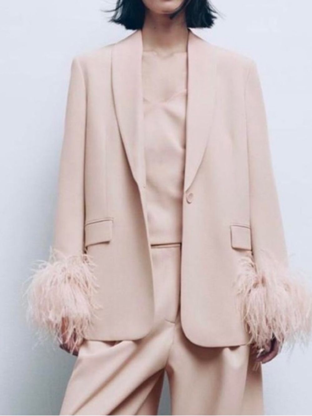 Zara Pale Pink Blazer with Feather Cuffs